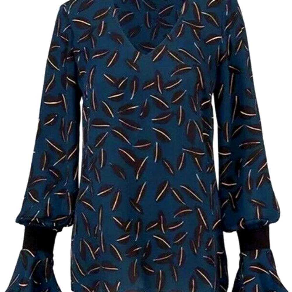 Cabi Blue Shadow Leaf Long Sleeve Blouse - Size Large